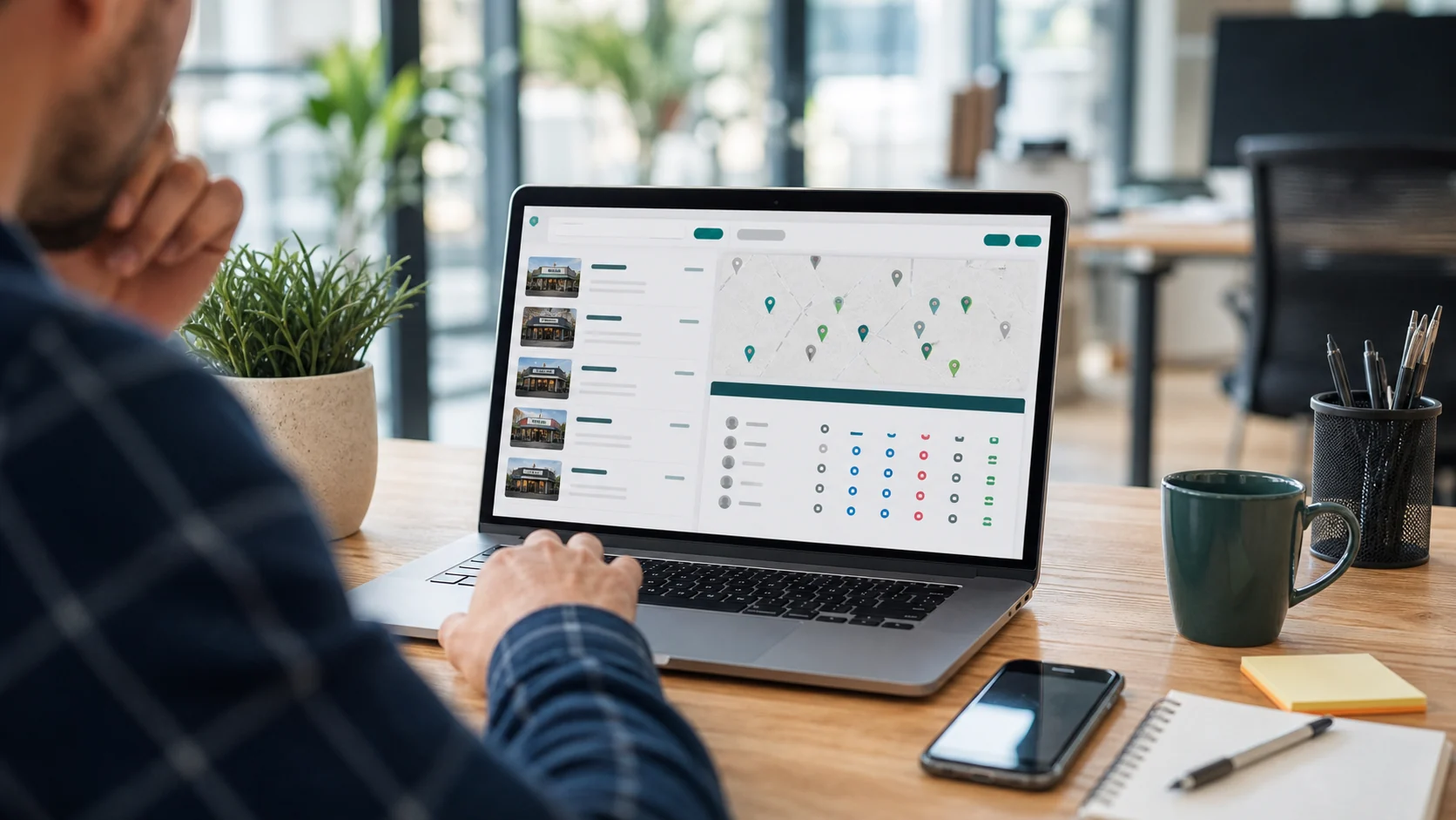 Consultant checking local business listings for missing social profile signals