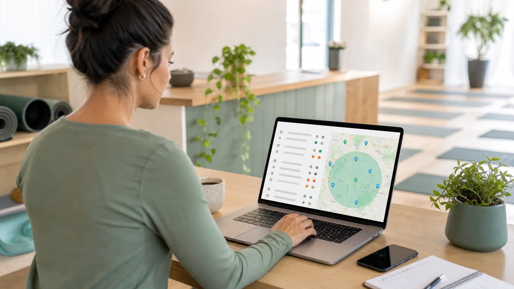 Operator reviewing yoga studio leads for a local Google Maps campaign
