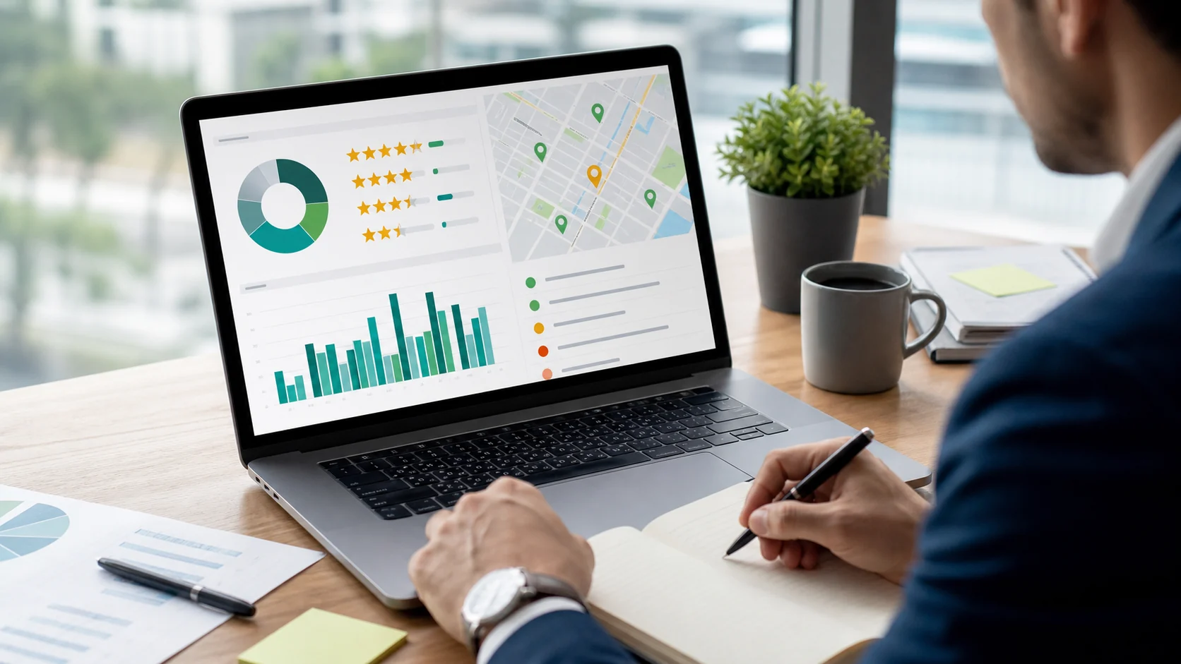 Sales strategist analyzing review data to prioritize local business prospects