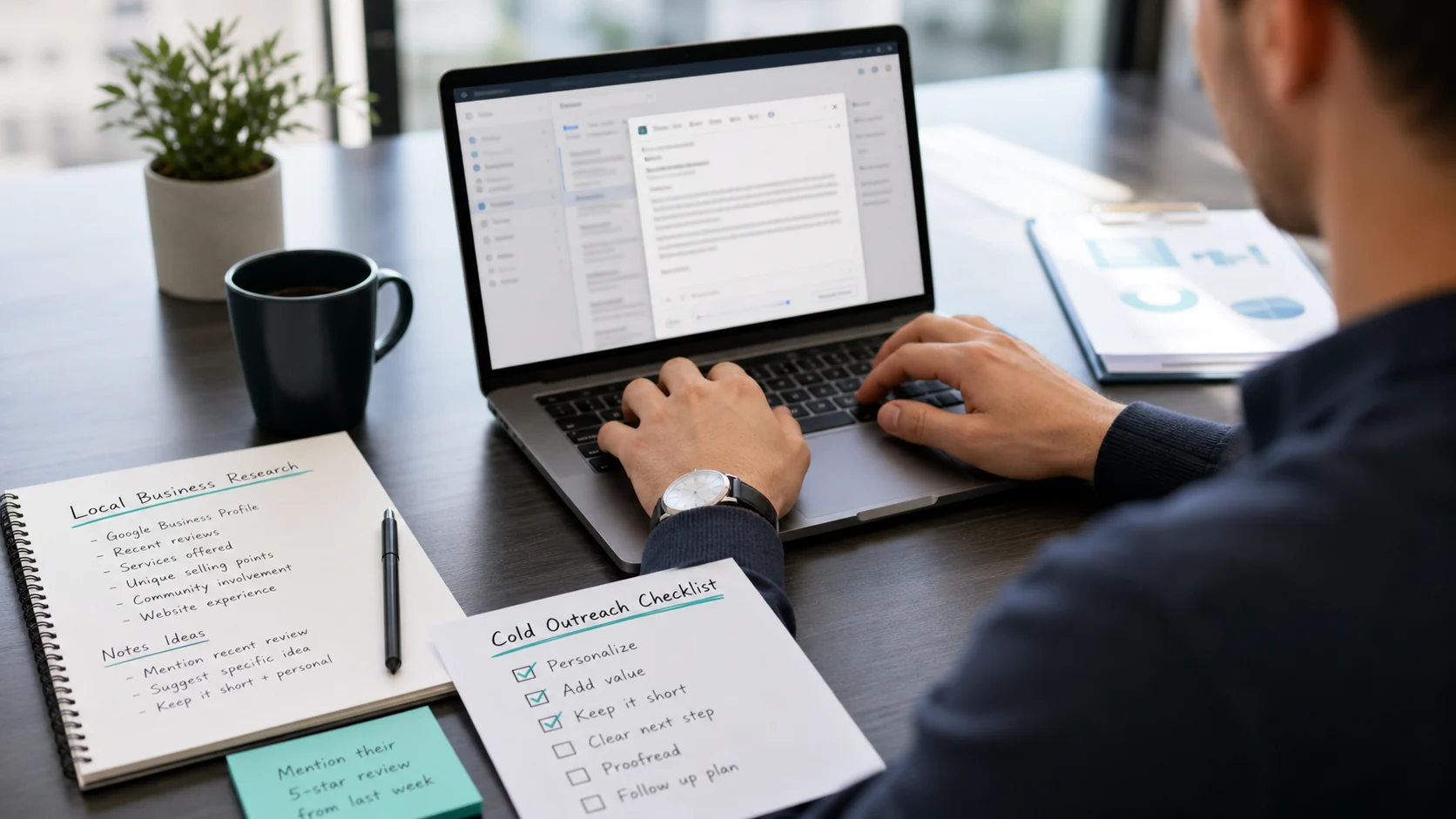 Marketer drafting personalized cold outreach from local business research