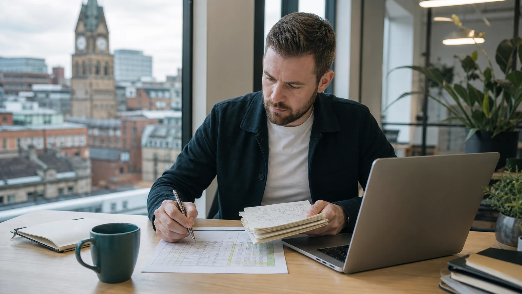 Sales operator reviewing a compact Manchester accountant prospecting sample in a modern office