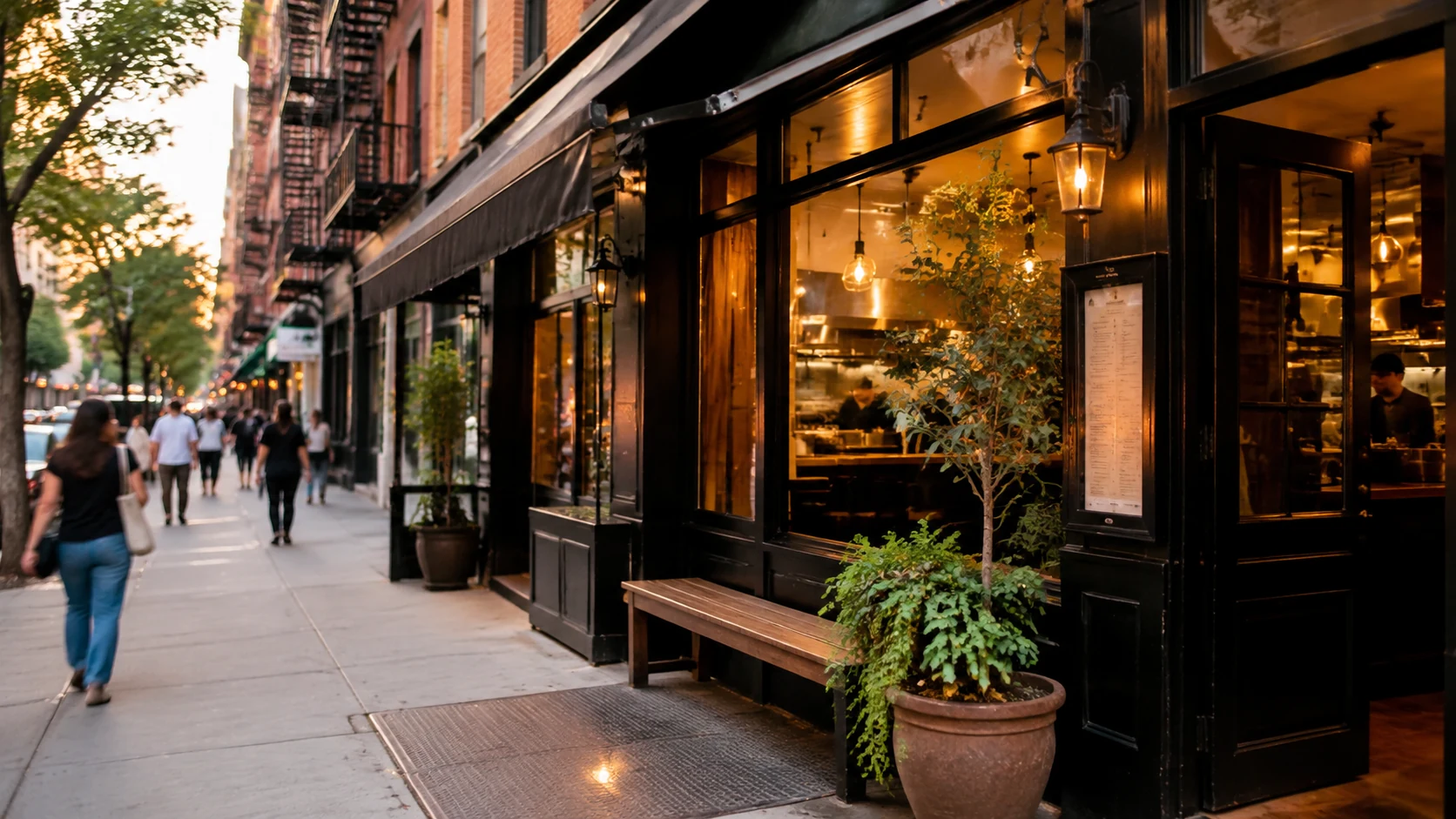 Independent New York restaurant storefront on a neighborhood block, used to illustrate local website opportunity research.
